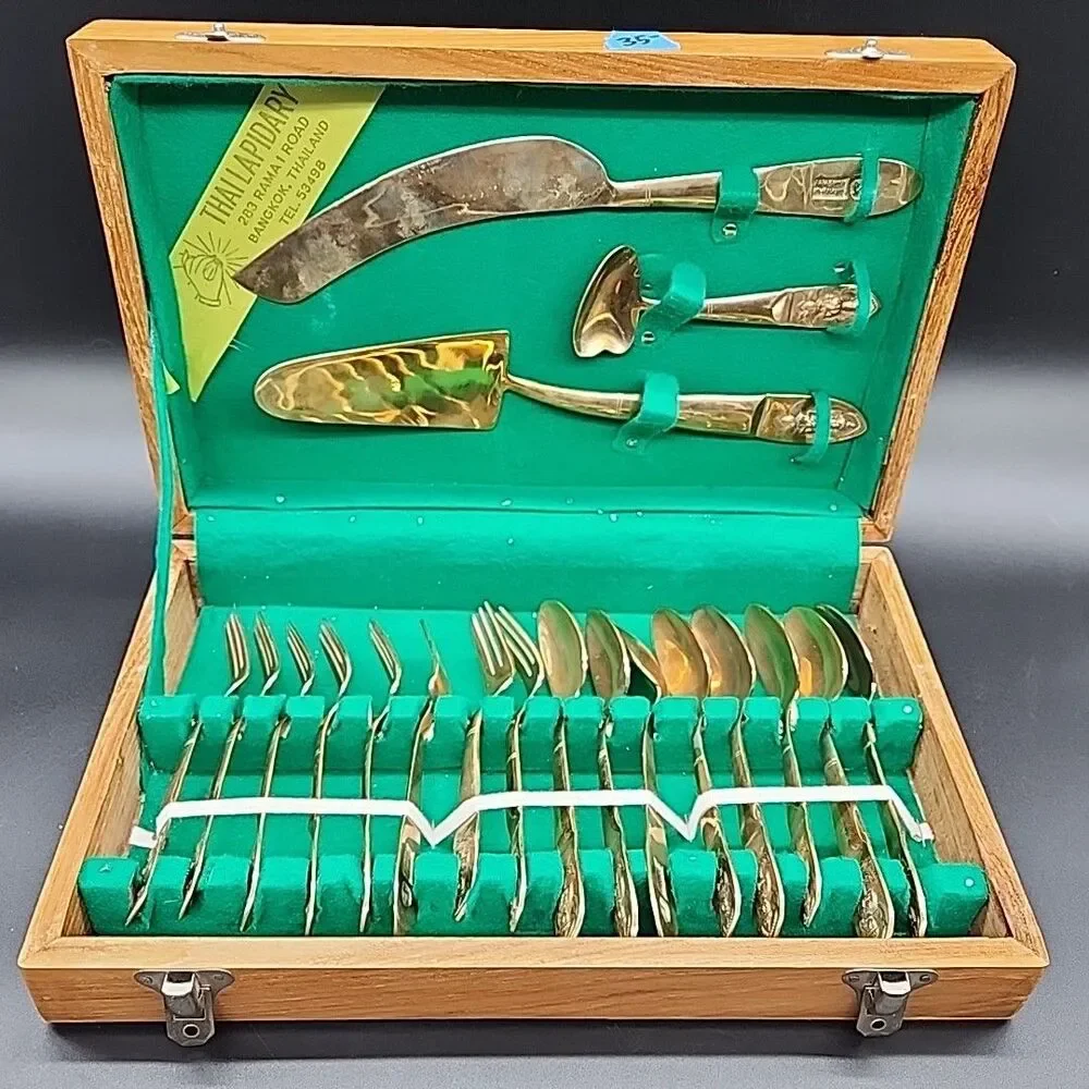 Vtg Thailapidary Buddha 19 Pcs Bronze Goddess Serving Set
